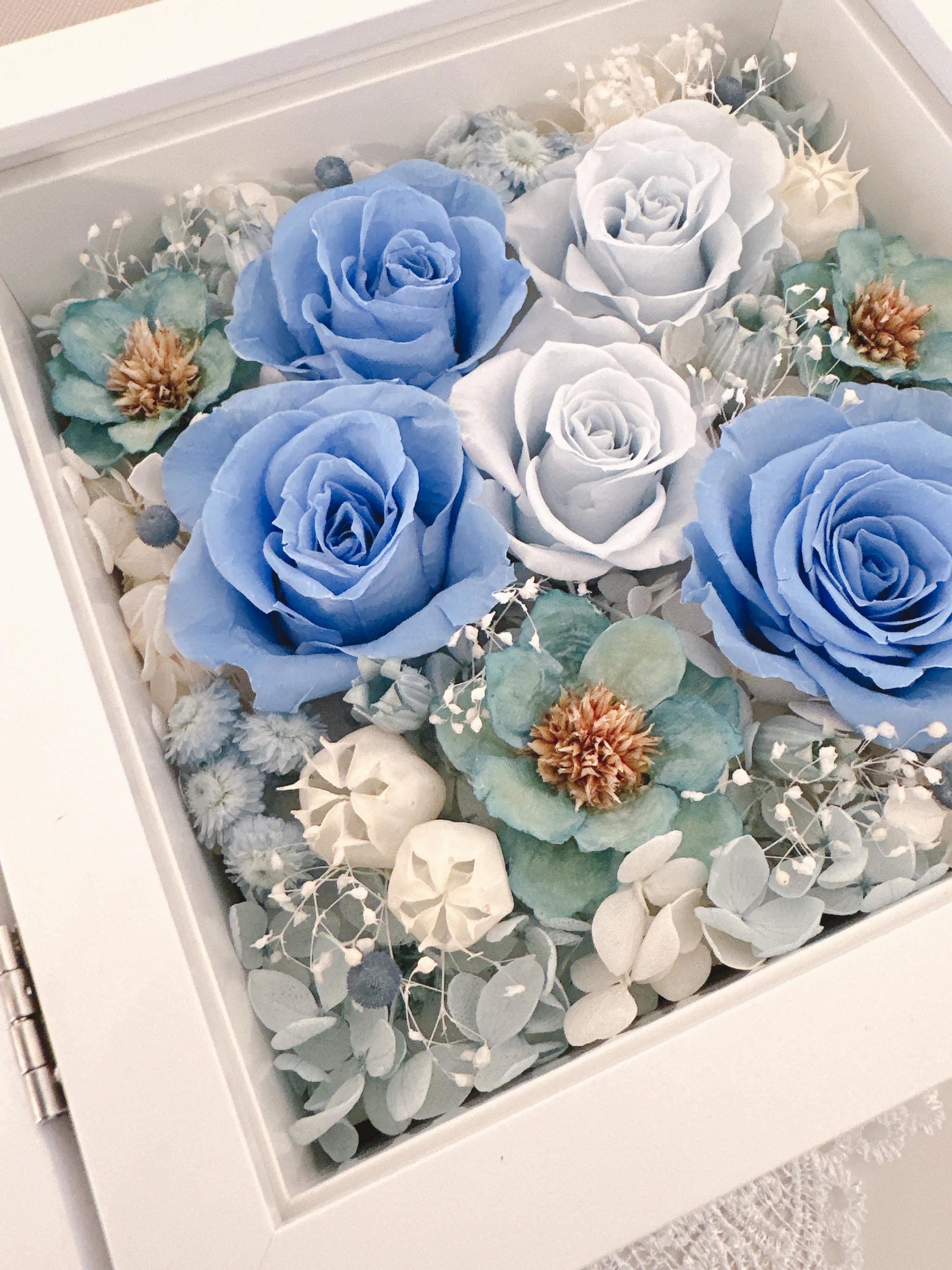 【出産祝い・男の子】フォトフレーム BOXアレンジ 写真立て バラ ブルー 青 結婚祝 誕生祝 記念日 ベビーギフト | 14枚目